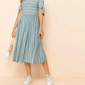 Blue ish grey dress with white stripes